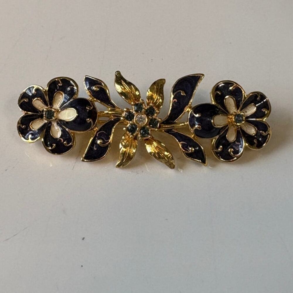 Joan Rivers Navy Enamel Flower Brooch, Swarovski Crystal Pin